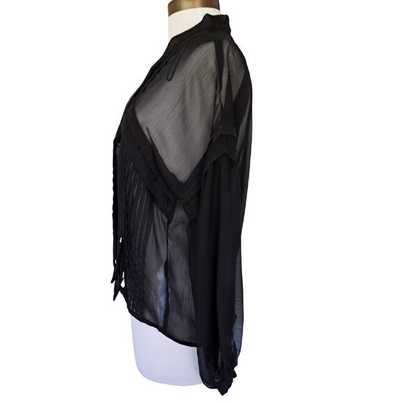 Zara Black Chiffon Tie Neck Top Size Small Balloon Sleeve Sheer Lace - Picture 4 of 9